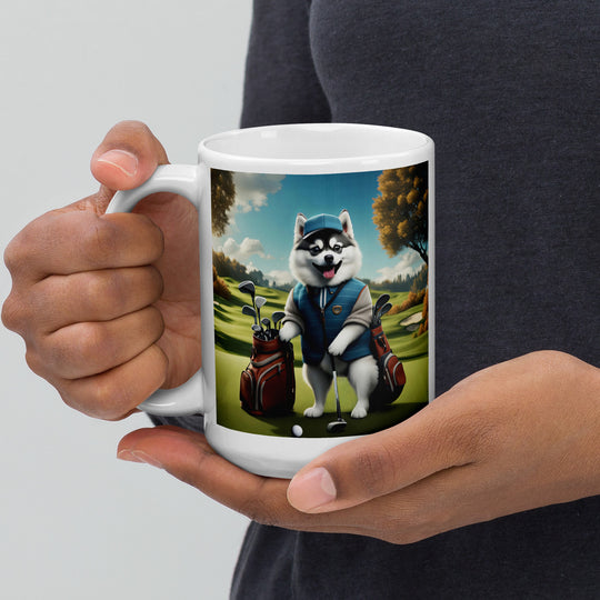 Pomsky Golfer- White glossy mug v9