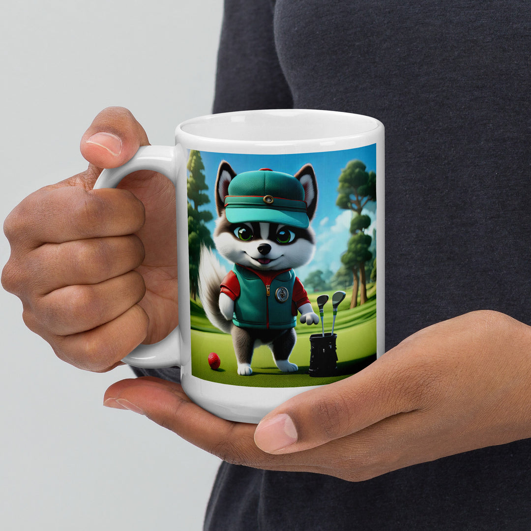 Pomsky Golfer- White glossy mug v11