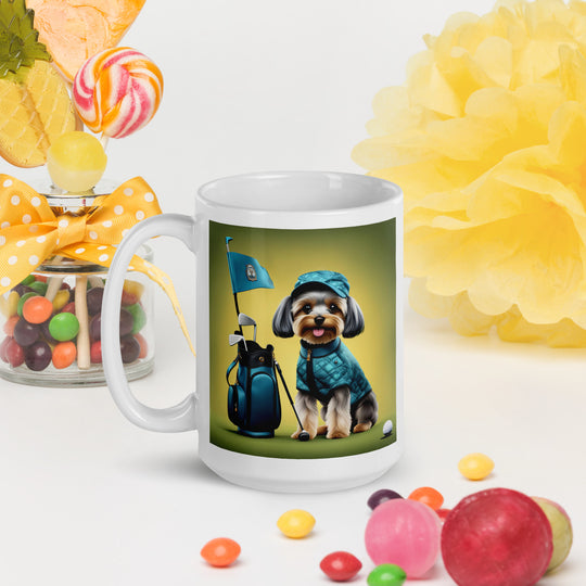 Yorkipoo Golfer- White glossy mug v7