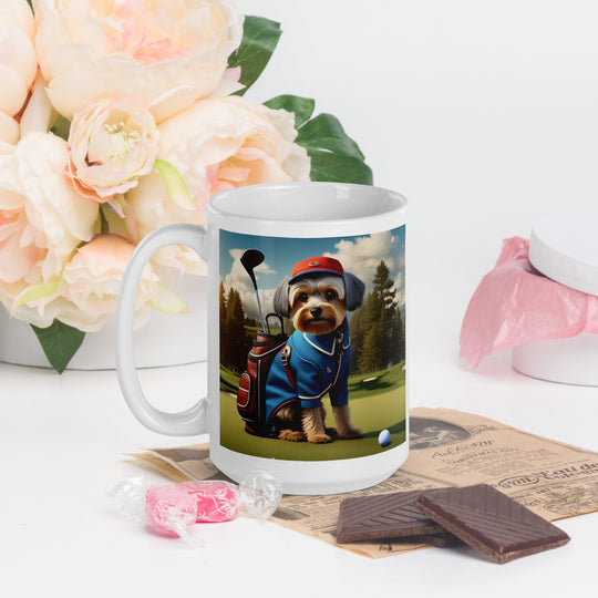 Yorkipoo Golfer- White glossy mug v16