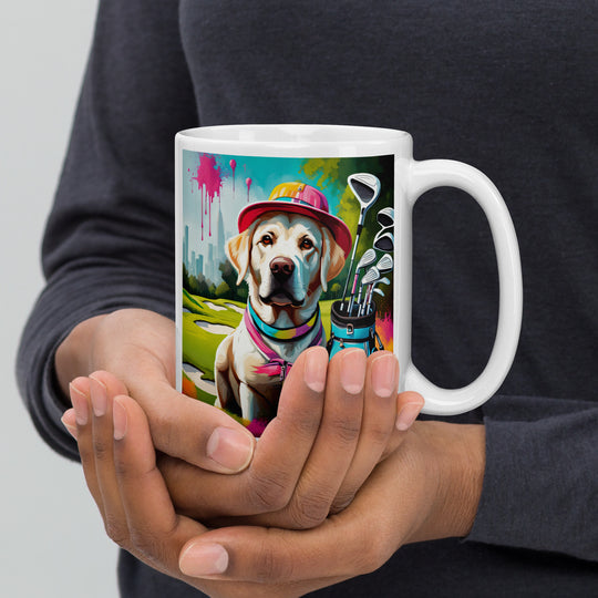 White glossy mug-Labrador Retriever Golfer V9