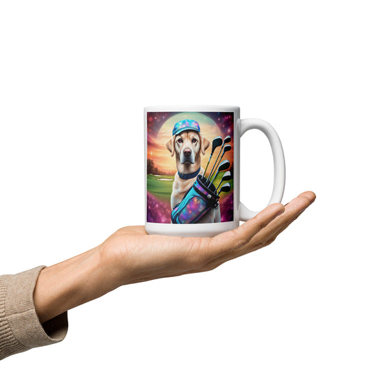 White glossy mug-Labrador Retriever Golfer V14