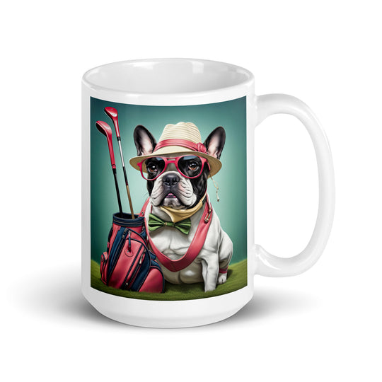 White glossy mug-French Bulldog Golfer V9