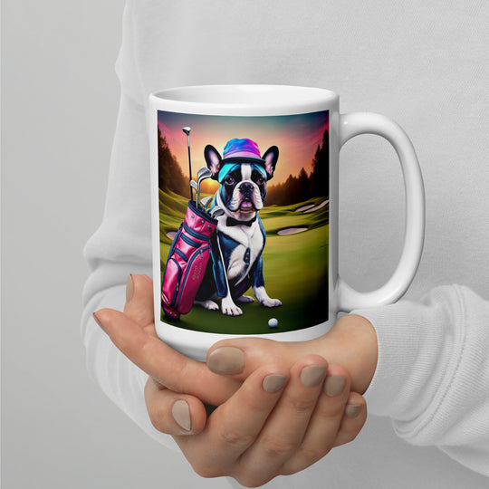 White glossy mug-French Bulldog Golfer V21