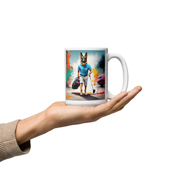 German Shepherd Golfer- White glossy mug V12