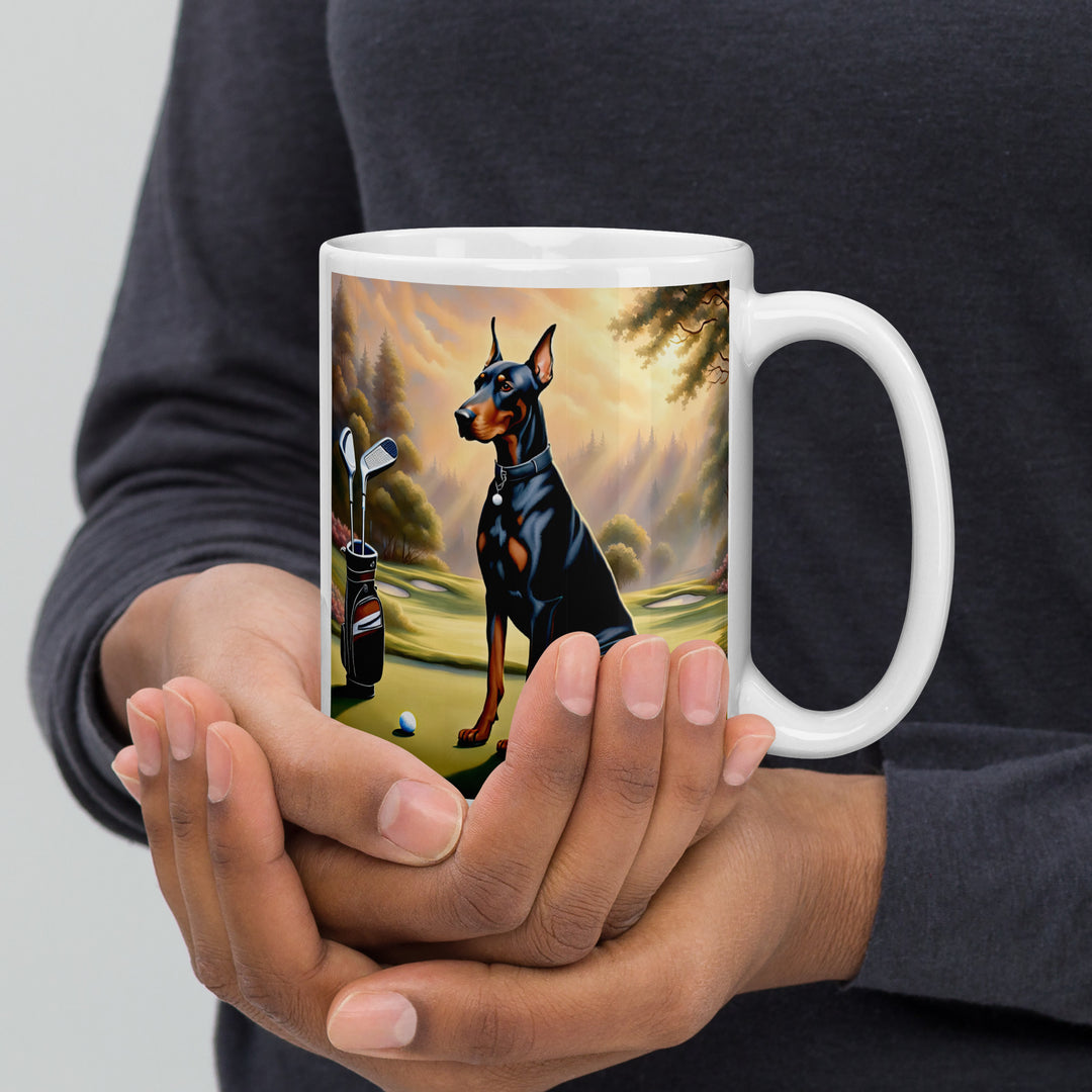 Doberman Pinscher Golfer- White glossy mug v3