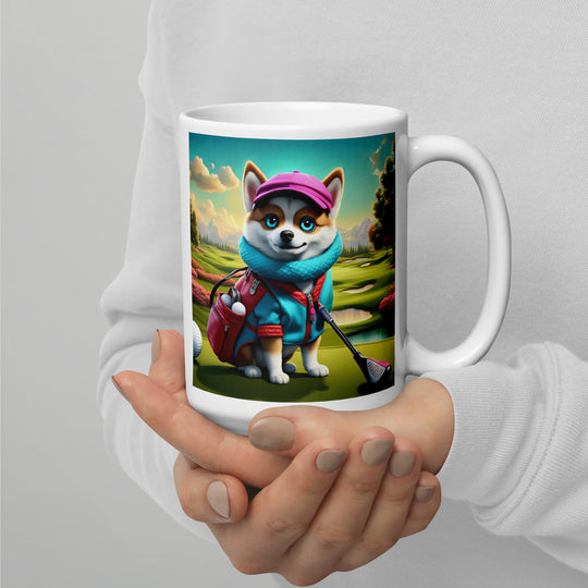 Pomsky Golfer- White glossy mug v2