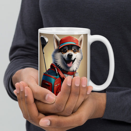 Pomsky Golfer- White glossy mug v8