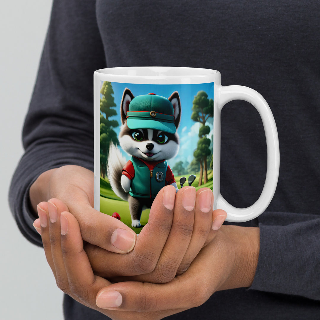 Pomsky Golfer- White glossy mug v11