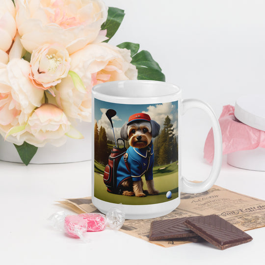 Yorkipoo Golfer- White glossy mug v16