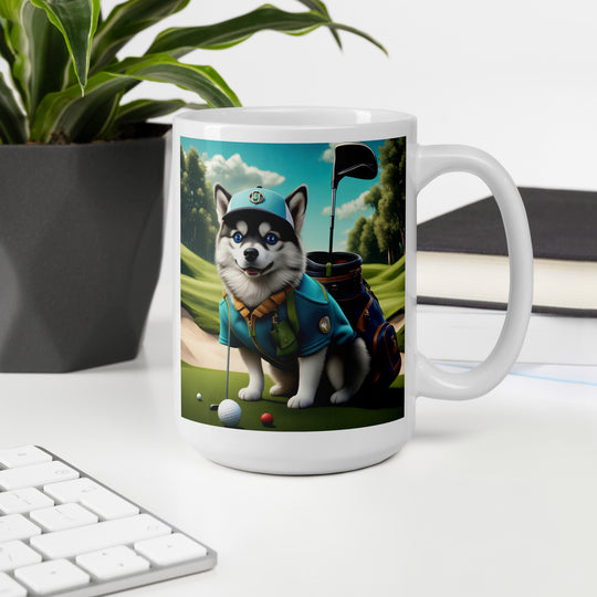 Pomsky Golfer- White glossy mug