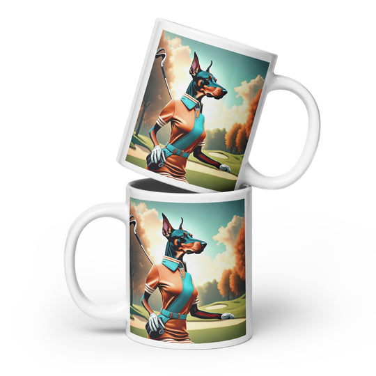 Doberman Pinscher Golfer- White glossy mug