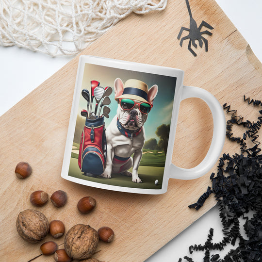 White glossy mug-French Bulldog Golfer V20