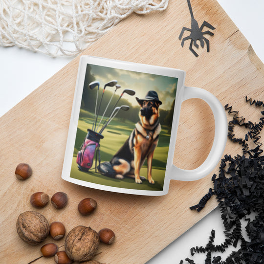 German Shepherd Golfer- White glossy mug