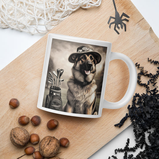 German Shepherd Golfer- White glossy mug V10