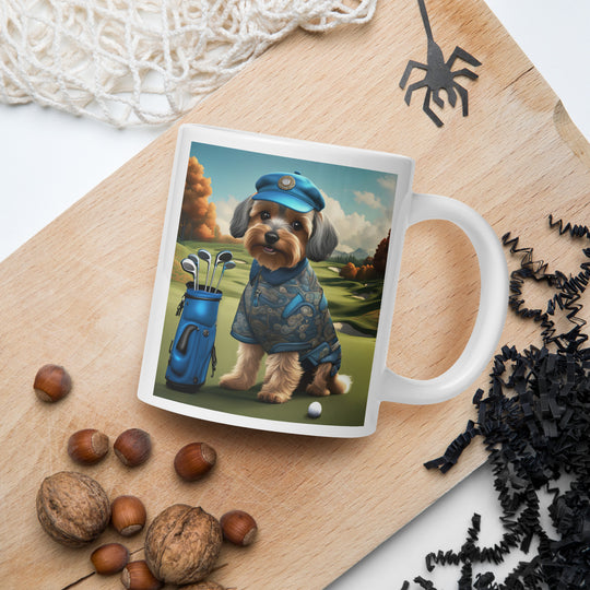 Yorkipoo Golfer- White glossy mug v10