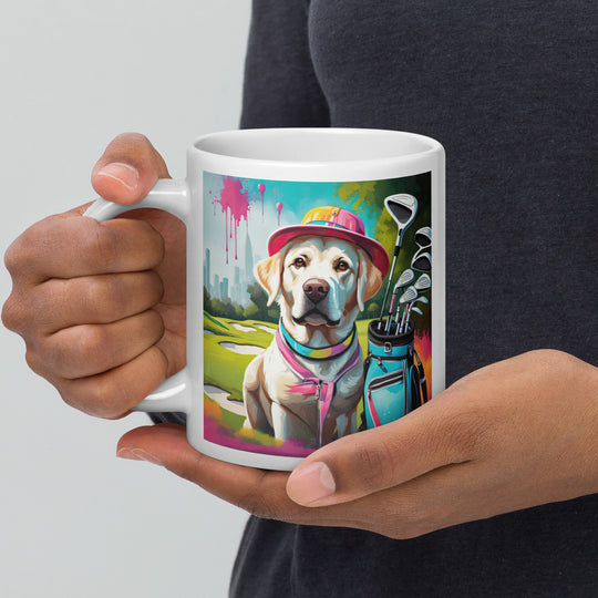 White glossy mug-Labrador Retriever Golfer V9