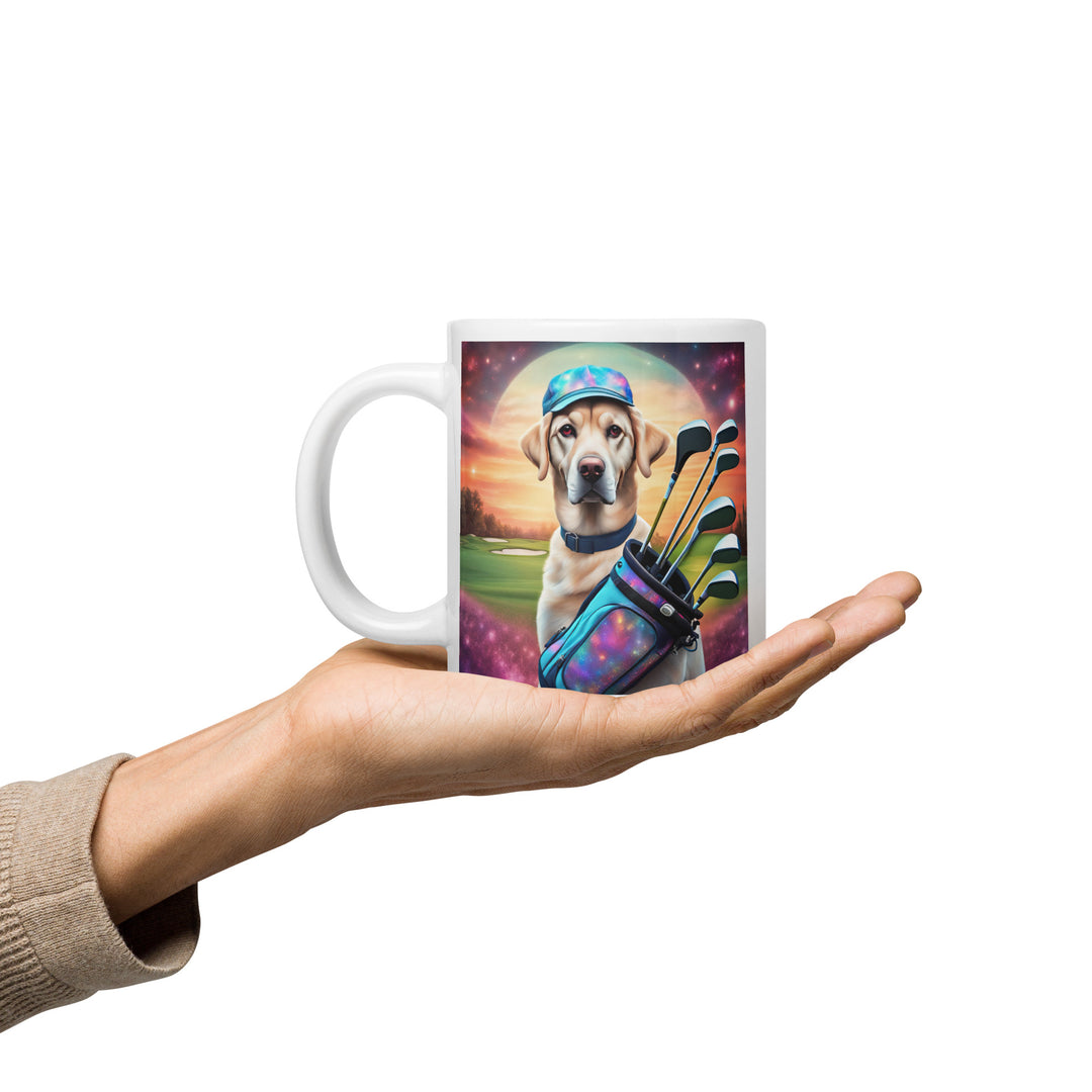 White glossy mug-Labrador Retriever Golfer V14