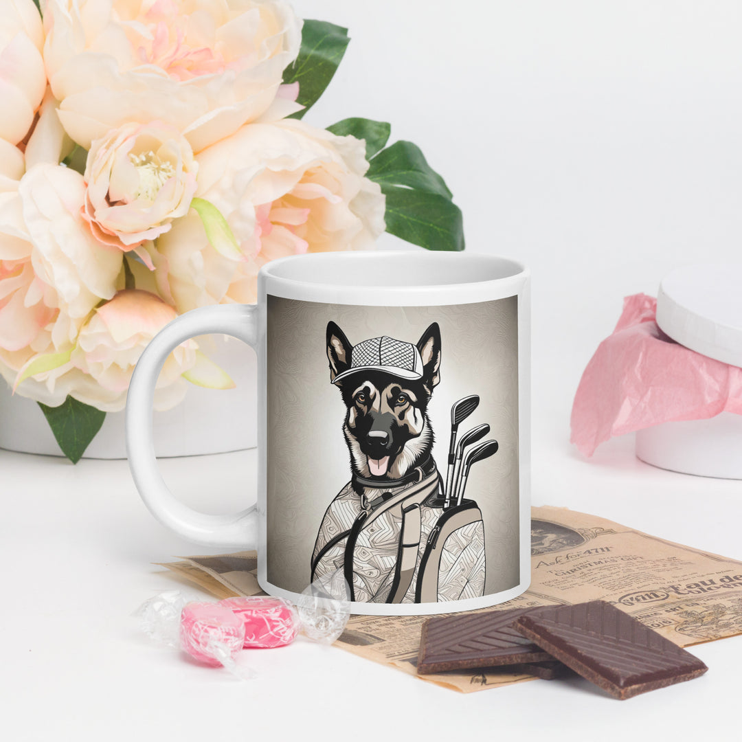 German Shepherd Golfer- White glossy mug V6