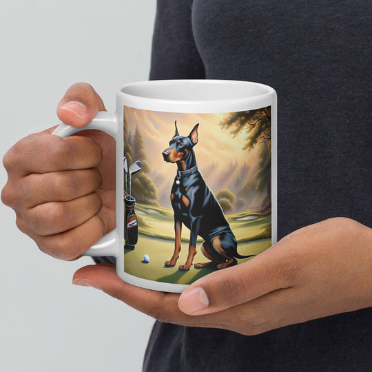 Doberman Pinscher Golfer- White glossy mug v3