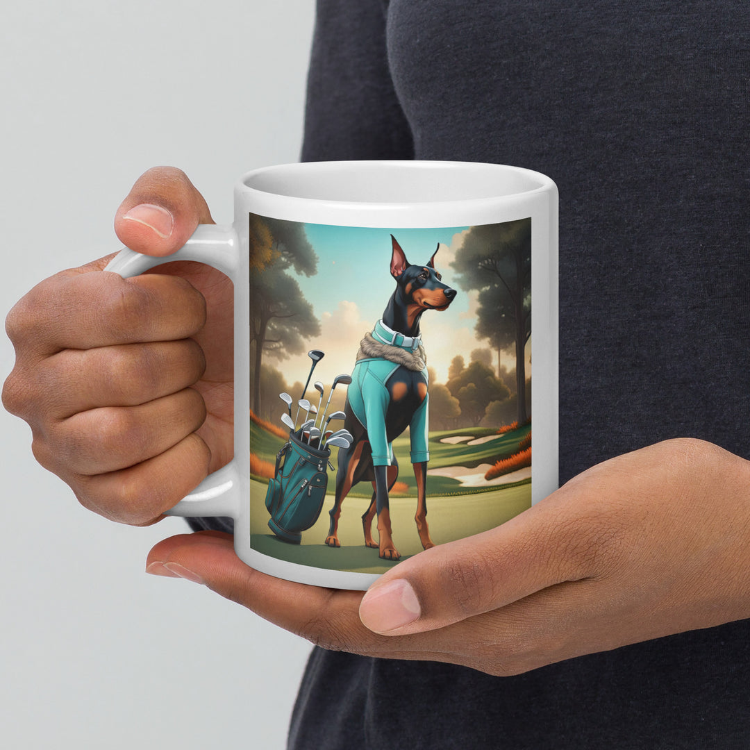 Doberman Pinscher Golfer- White glossy mug v4