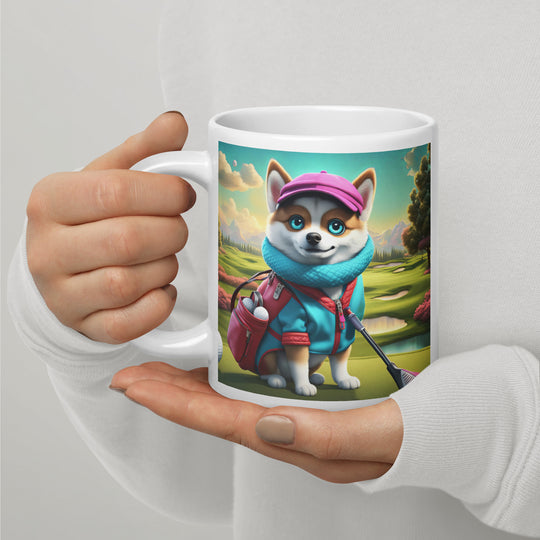 Pomsky Golfer- White glossy mug v2