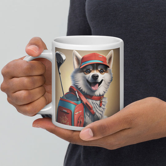 Pomsky Golfer- White glossy mug v8