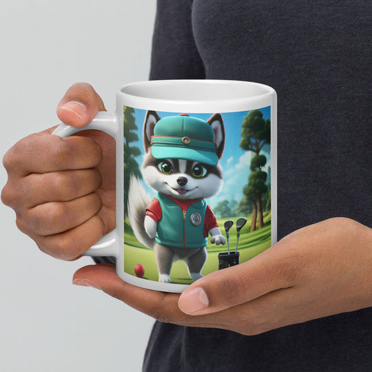 Pomsky Golfer- White glossy mug v11