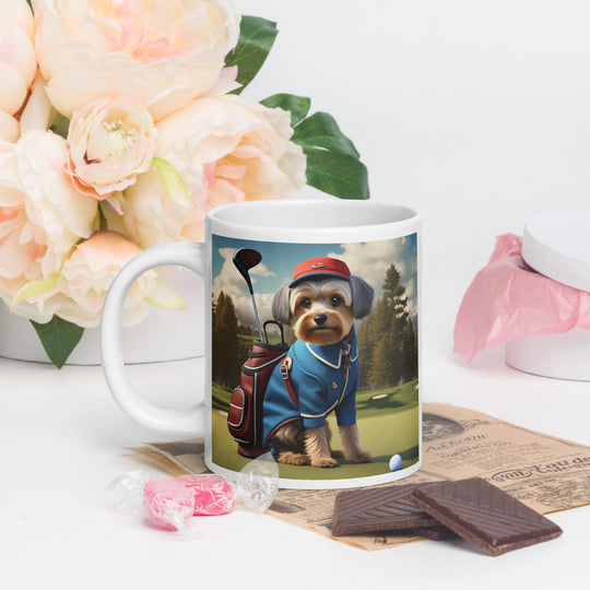 Yorkipoo Golfer- White glossy mug v16