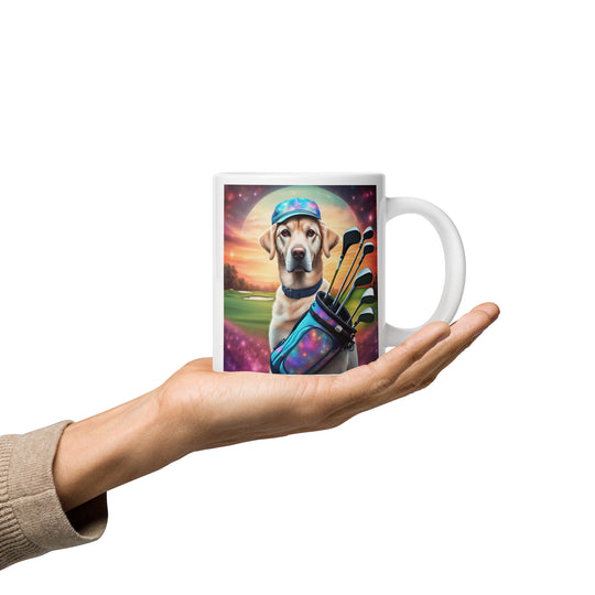 White glossy mug-Labrador Retriever Golfer V14