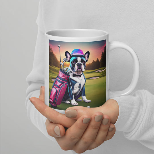 White glossy mug-French Bulldog Golfer V21