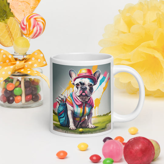 White glossy mug-French Bulldog Golfer V23