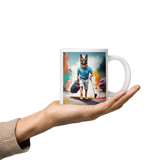 German Shepherd Golfer- White glossy mug V12