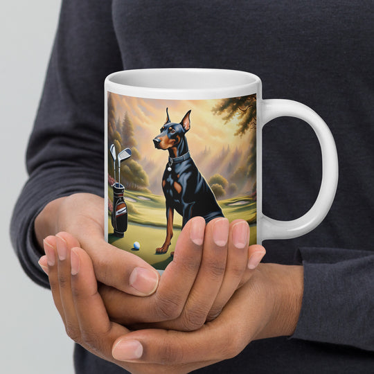 Doberman Pinscher Golfer- White glossy mug v3