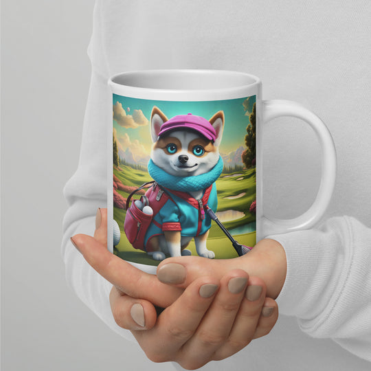 Pomsky Golfer- White glossy mug v2