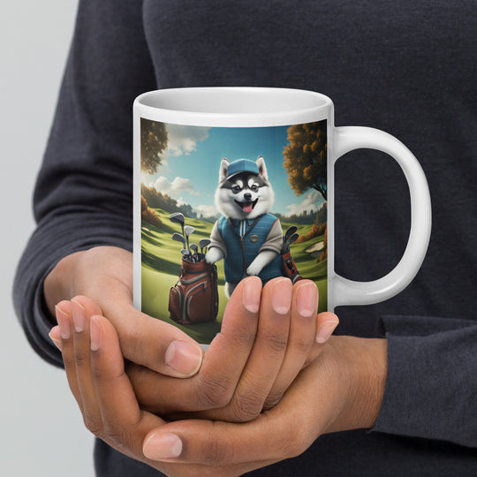 Pomsky Golfer- White glossy mug v9