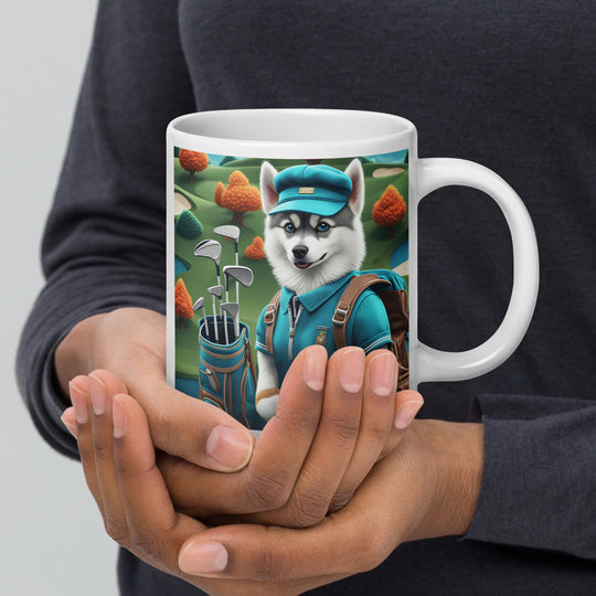 Pomsky Golfer- White glossy mug v15