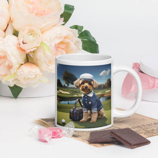 Yorkipoo Golfer- White glossy mug v6