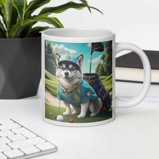 Pomsky Golfer- White glossy mug