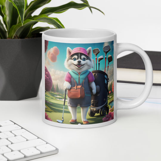 Pomsky Golfer- White glossy mug v13