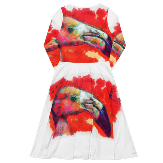 All-over print long sleeve midi dress - Flamingo