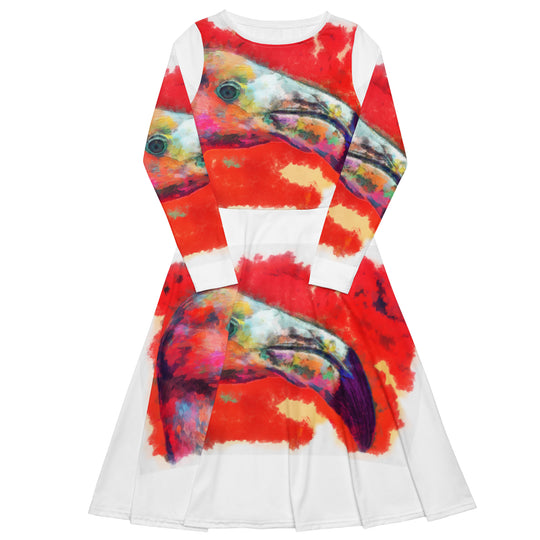 All-over print long sleeve midi dress - Flamingo